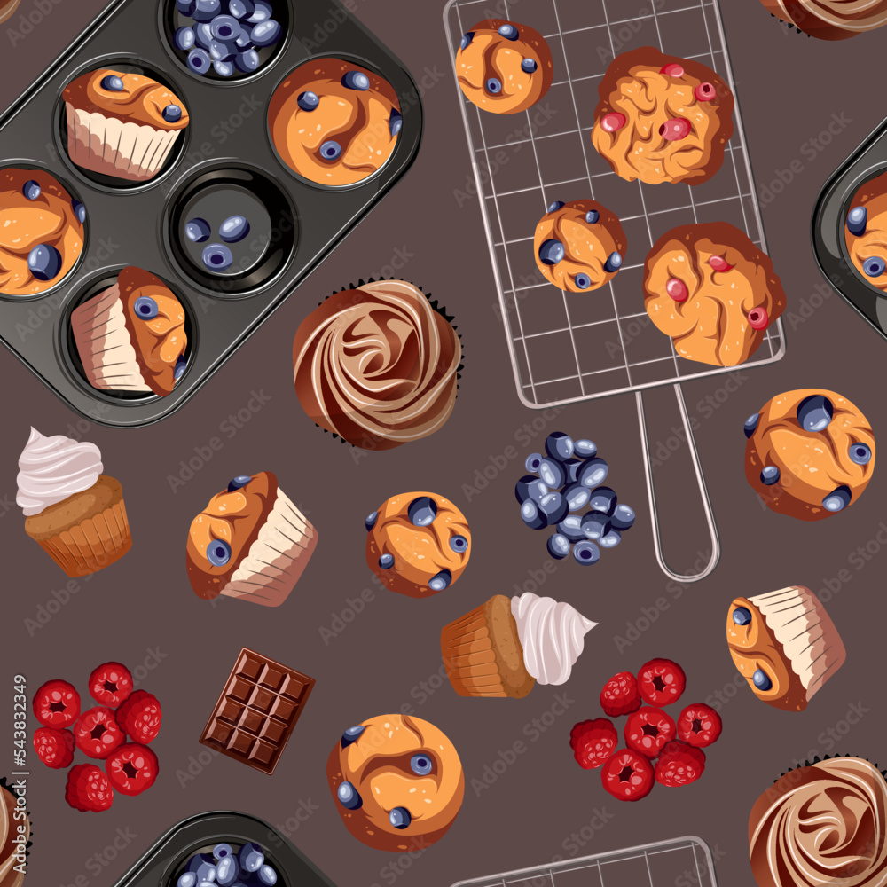 Seamless pattern with pastry,baking products. Vector illustration of blueberry muffins,cookies,berries,utensils. Bakeries,cafe,shop,print,textile,menu concept.