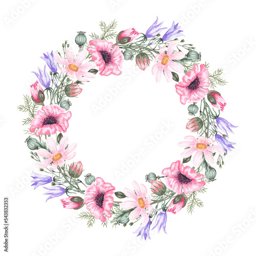 Watercolor frame with wildflowers chamomile, thistle, poppy, bell, cornflower and herbs. Round   frames for the design of wedding invitations, gift cards, labels.