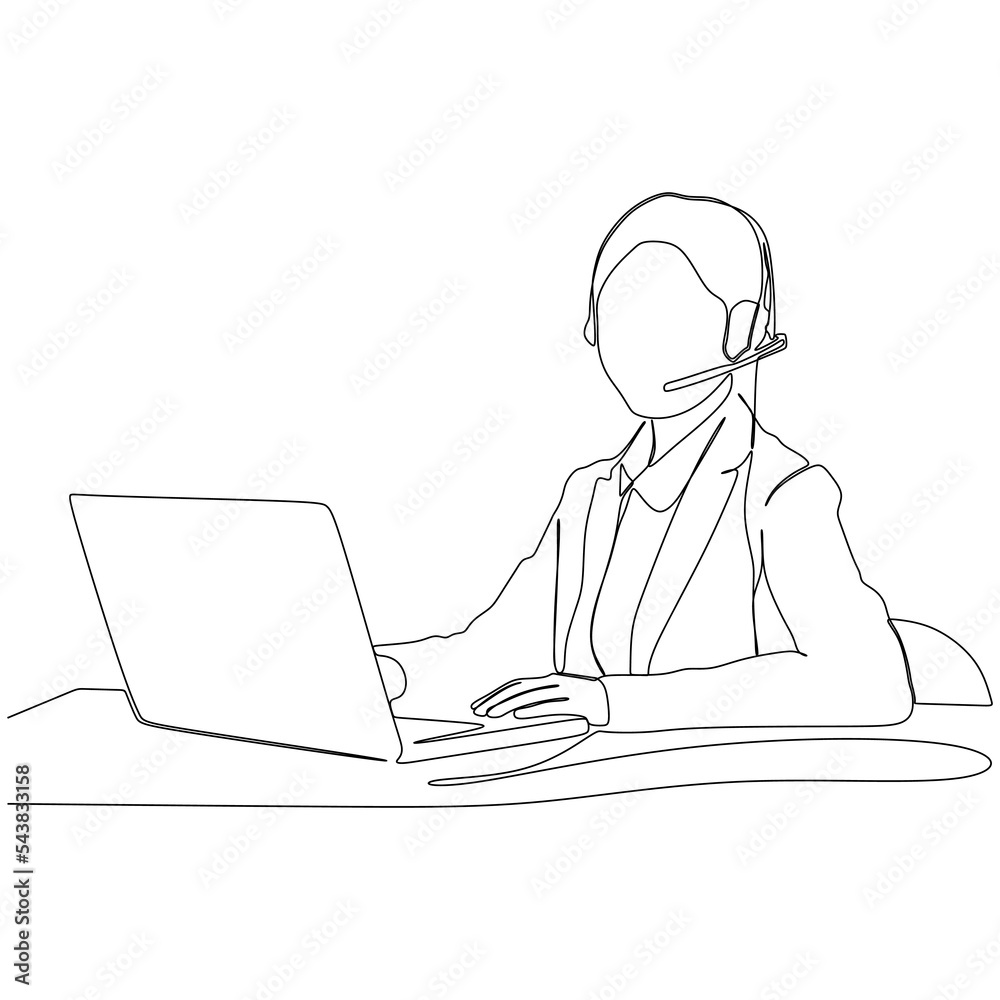 continuous line drawing of woman customer call service