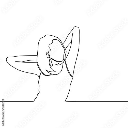 Continuous line drawing of young woman waking up from her bedroom in the morning