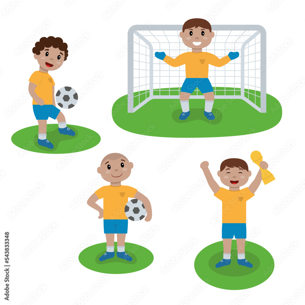 Jogadores de futebol com bola, gol e troféu. Ilustração vetorial. - obrazy, fototapety, plakaty 