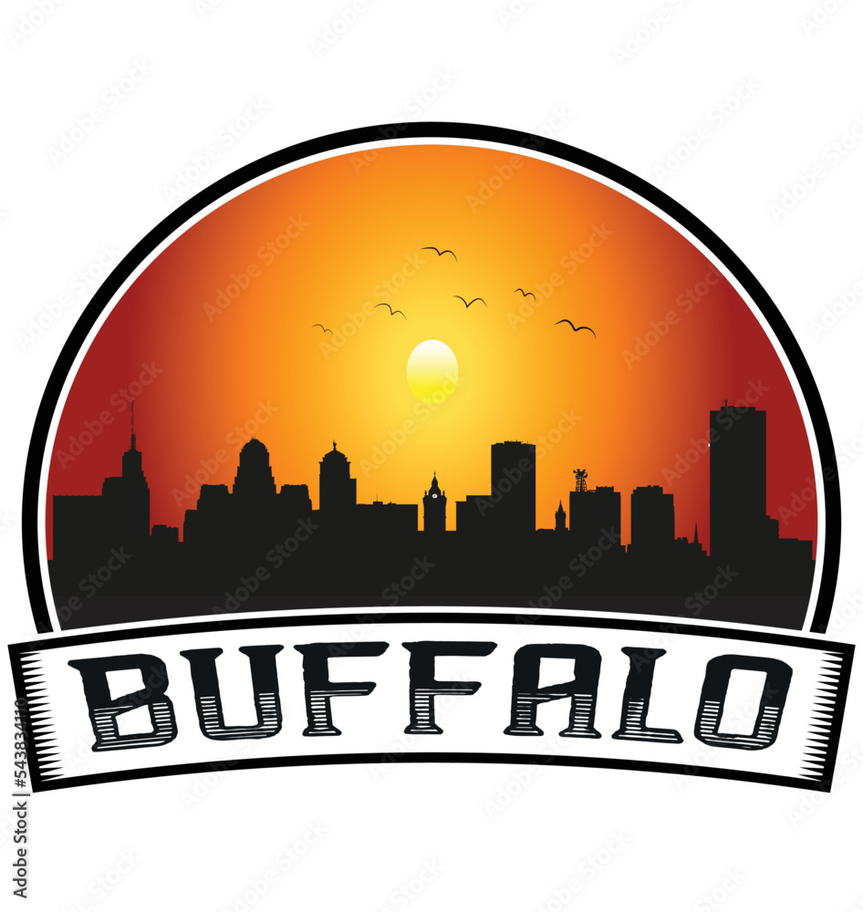 Buffalo New York USA Skyline Sunset Travel Souvenir Sticker Logo Badge Stamp Emblem Coat of Arms Vector Illustration EPS