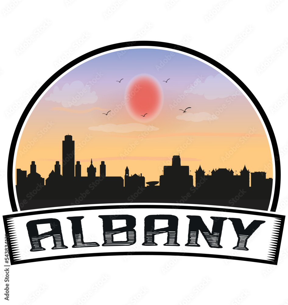 Albany New York USA Skyline Sunset Travel Souvenir Sticker Logo Badge Stamp Emblem Coat of Arms Vector Illustration EPS