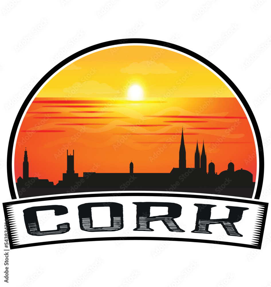Cork Ireland Skyline Sunset Travel Souvenir Sticker Logo Badge Stamp Emblem Coat of Arms Vector Illustration EPS