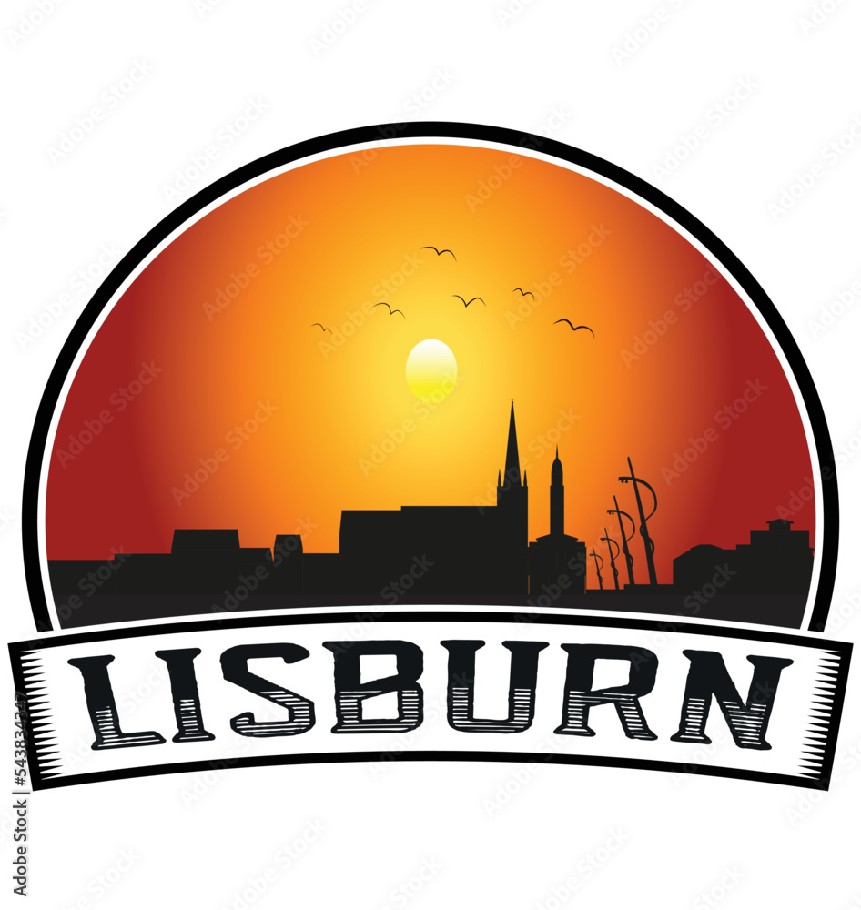 Lisburn Northern Ireland Skyline Sunset Travel Souvenir Sticker Logo Badge Stamp Emblem Coat of Arms Vector Illustration EPS