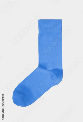 Blue tall, long, blank, classic sock isolated on white background. Unisex, women's, female, male, mens high, cotton ankle socks. Single. Mock up, template, close up