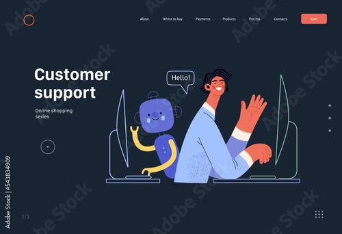 Customer support -Online shopping and electronic commerce web template -modern flat vector illustration of an operator and bot greeting a client. Promotion, discounts, sale and online orders concept