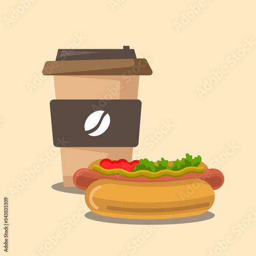 A glass of coffee and a hot dog. Quick snack. Fast food. Flat style vector illustration.