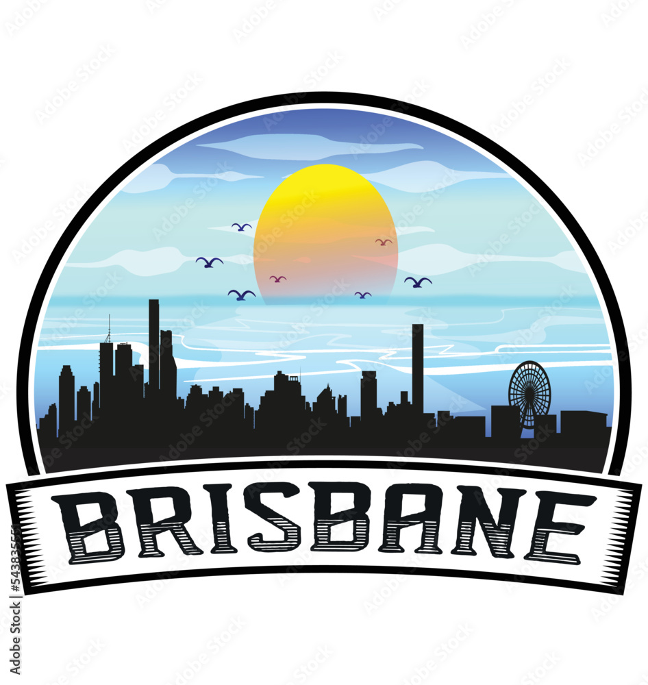 Brisbane Australia Skyline Sunset Travel Souvenir Sticker Logo Badge Stamp Emblem Coat of Arms Vector Illustration EPS