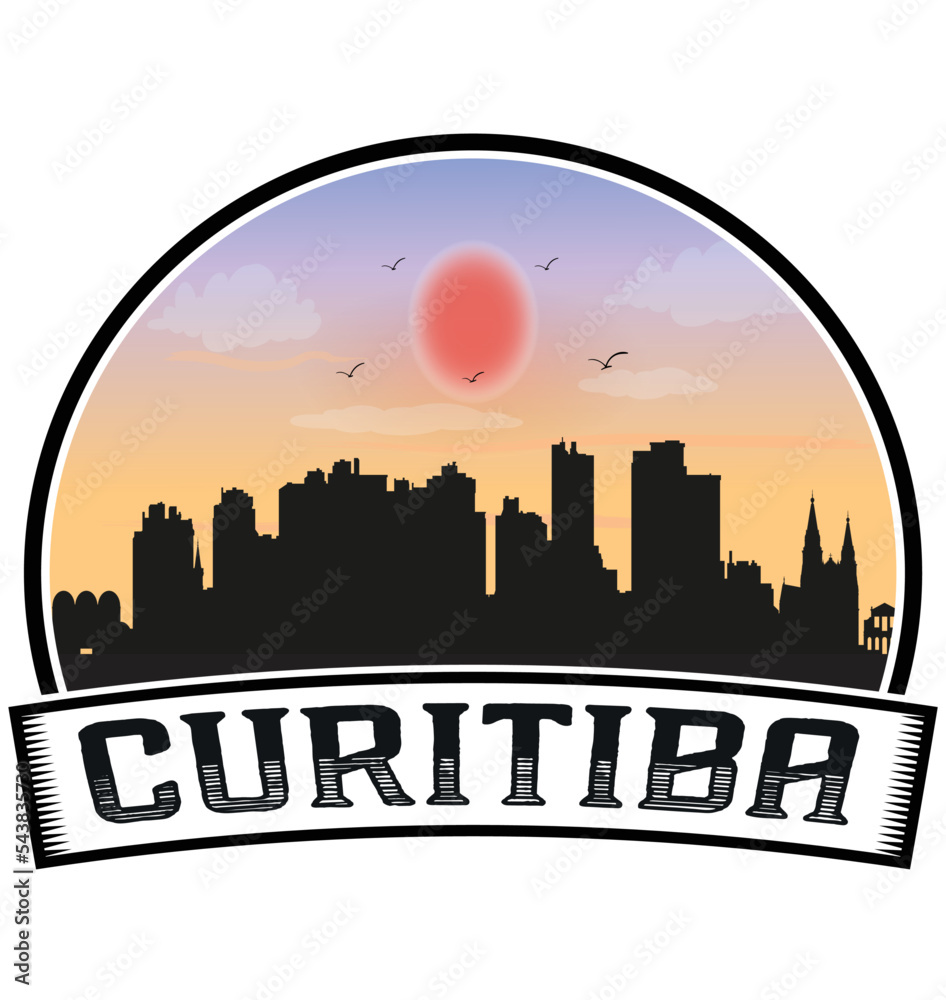 Curitiba Brazil Skyline Sunset Travel Souvenir Sticker Logo Badge Stamp Emblem Coat of Arms Vector Illustration EPS