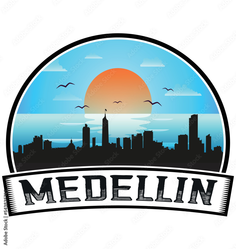 Medellin Colombia Skyline Sunset Travel Souvenir Sticker Logo Badge Stamp Emblem Coat of Arms Vector Illustration EPS