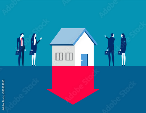 Real estate value is going down due to falling home prices. Business value vector illustration