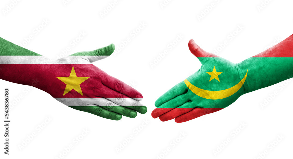 Handshake between Mauritania and Suriname flags painted on hands, isolated transparent image.