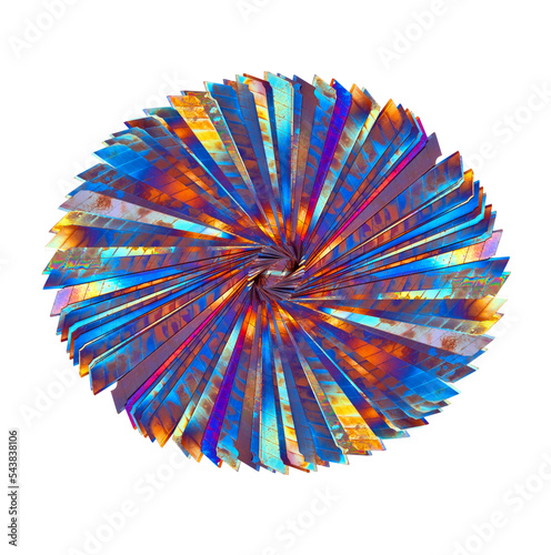 utility knife blades  heated in the fire arranged in the form of the sun on white background  Psychedelic colors