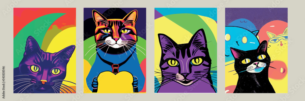 colorful cat head icon on pop art style. charming colorful cat animals in pop art style. Cat Pop Art, WPAP design, Pop Art Style. amazing colors. suitable for screen printing t-shirts, book covers colorful cat head icon on pop art style. charming colorful cat animals in pop art style. Cat Pop Art, WPAP design, Pop Art Style. amazing colors. suitable for screen printing t-shirts, book covers