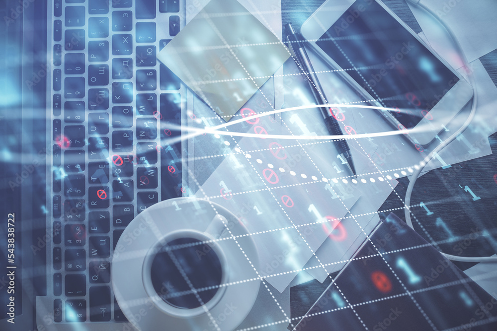 Double exposure of financial chart drawing over table background with computer. Concept of research and analysis. Top view. Double exposure of financial chart drawing over table background with computer. Concept of research and analysis. Top view.