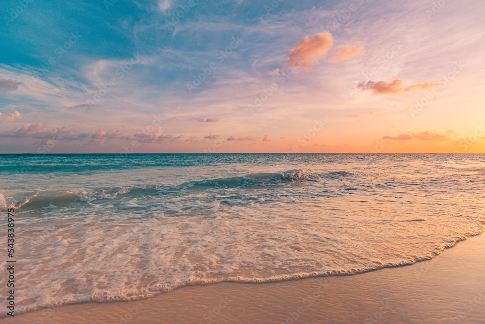 Closeup sea sand beach. Beautiful beach landscape. Inspire tropical beach seascape horizon. Dreamy sunset sky calm tranquil relax sunset summer mood. Positive energy, meditation summer tropical island - obrazy, fototapety, plakaty 