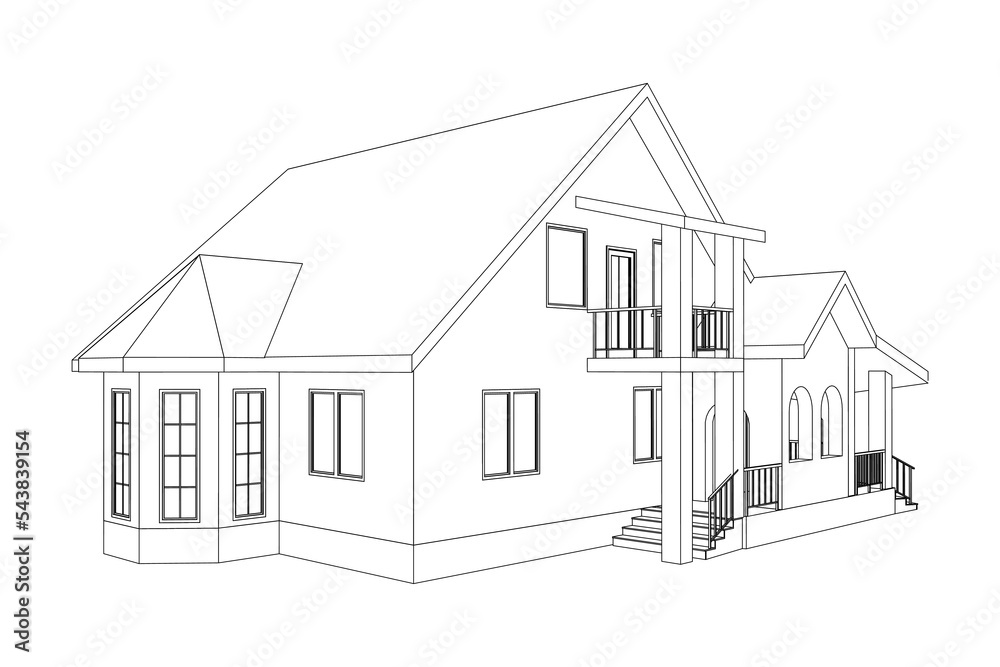 3D suburban house model. Drawing of the modern building. Cottage project on white background. Vector blueprint.