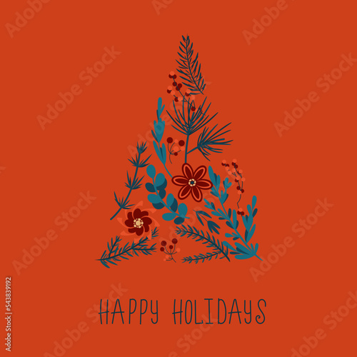 Greeting Happy Holidays Card with New Year Tree shape.  Vector illustration in traditional red and green colors with editable botanical details. 