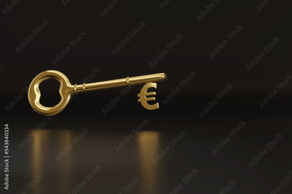 Golden key with euro sign with copy space. 3d illustration. Golden key with euro sign with copy space. 3d illustration.