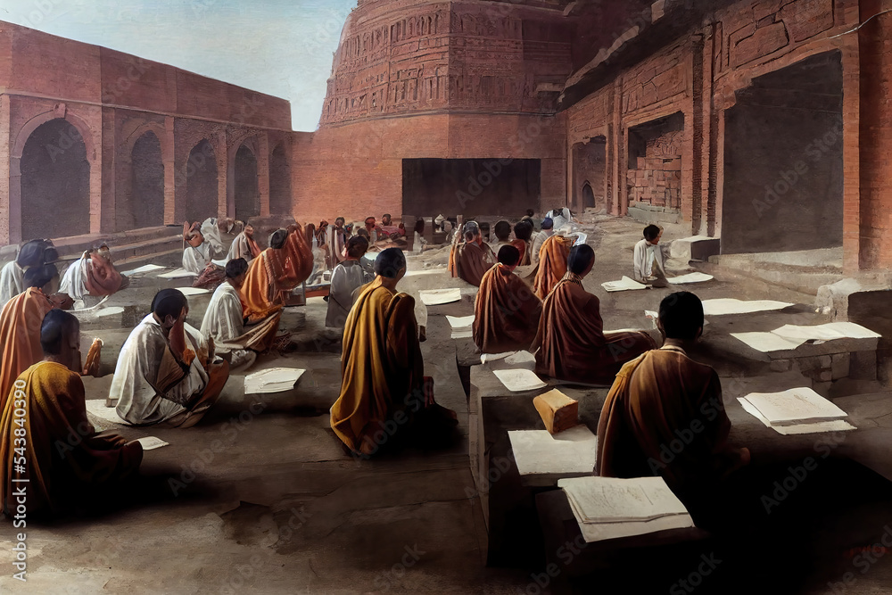 AI generated image depicting students from around the world studying at the ancient Nalanda university in Bihar, India. This university was a large Buddhist monastery and a leading center of education - obrazy, fototapety, plakaty 