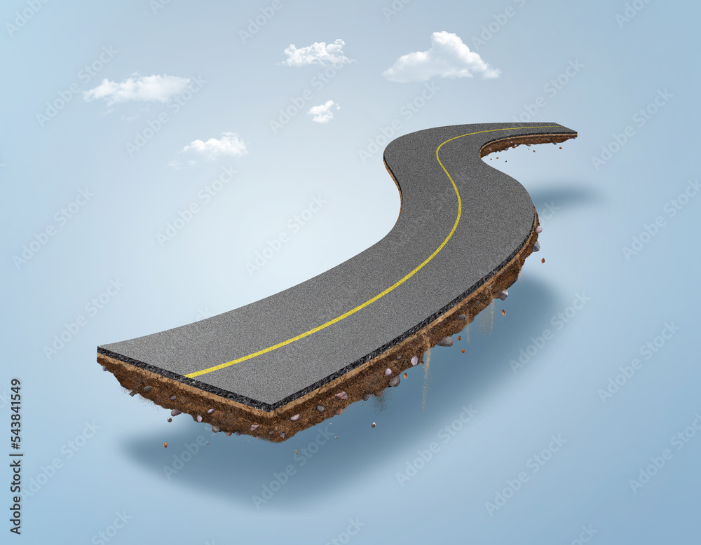 3d illustration of floating realistic road with isolated surface and clouds. 3d road with soil
