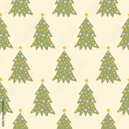 Retro Groovy Christmas tree  vector seamless pattern.  Vintage print in style 70s, 80s