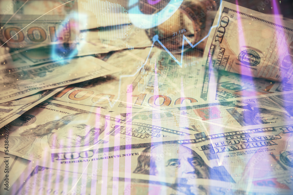 Multi exposure of forex chart drawing over us dollars bill background. Concept of financial success markets. Multi exposure of forex chart drawing over us dollars bill background. Concept of financial success markets.