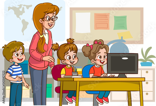 teacher and students are working on computer