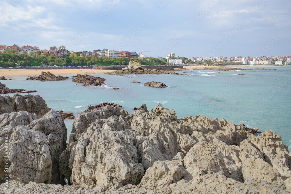 Santander, Spain - 31 Oct, 2022: Rock formations on the coast of the Magdalena Peninsula and Playa del Camello, Santander, Cantabria