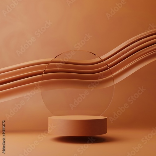 3D background, terracotta pedestal podium. round glass and creamy wave burnt orange backdrop. product promotion Beauty cosmetics elegant display. Nude Studio Minimal showcase 3D render advertisement. photo