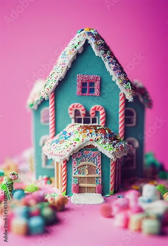 Multi story decorated gingerbread house with blue sugar icing, Christmas gingerbread architecture 3d