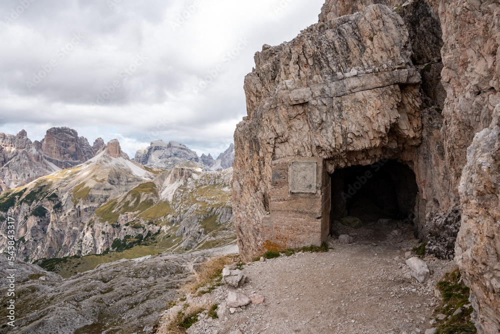 An old fortress entrance in the Dolomites near the 3 Zinnen mountains, remains of the World War I and the frontline between Austria and Italy