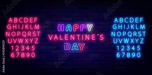 Happy Valentines Day neon inscription. Colorful typography. Light pink and blue alphabet. Vector stock illustration