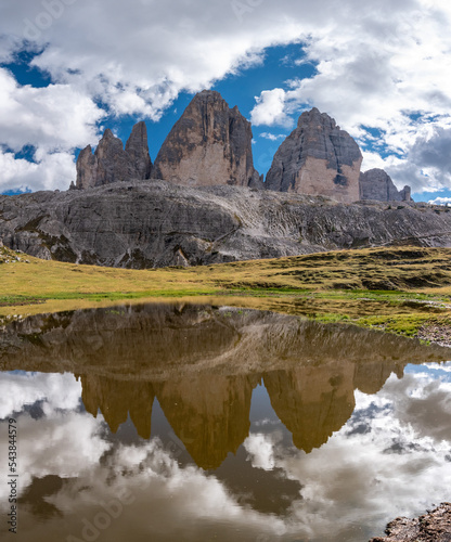 Photography Reflection of the iconic Drei Zinnen mountains in the South Tirolese Dolomite al