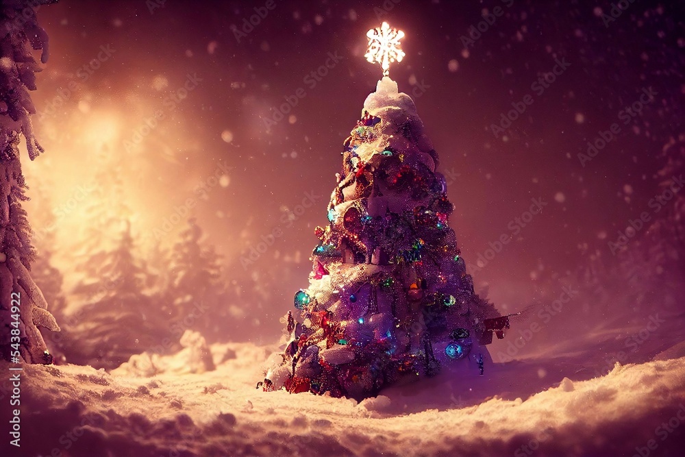 Geschmückter Weihnachtsbaum im Schnee mit hell leuchtendem Stern auf