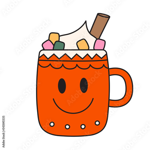Cup of hot cacao with cinnamon and marshmallow in cartoon style. Christmas drink with smiling face. Cute character drawing isolated on white. Funny vector clipart