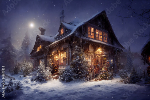 Hell erleuchtetes Haus in winterlicher Dunkelheit, mafde by AI, künstliche Intelligenz