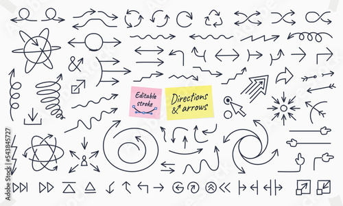 Arrows and directions little drawings and doodles with editable stroke. Use with your own brush styles or as it is. Full vector hand drawn illustration icon set.