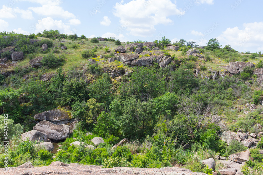 View of Arbuzynsky canyon is a canyon near the Trykraty village, on the Arbuzynka river in the Voznesenskyi region of Mykolaiv Oblast of Ukraine