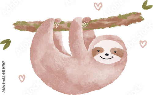 Cute pink sloth watercolor illustration. Funny cartoon sloth clipart