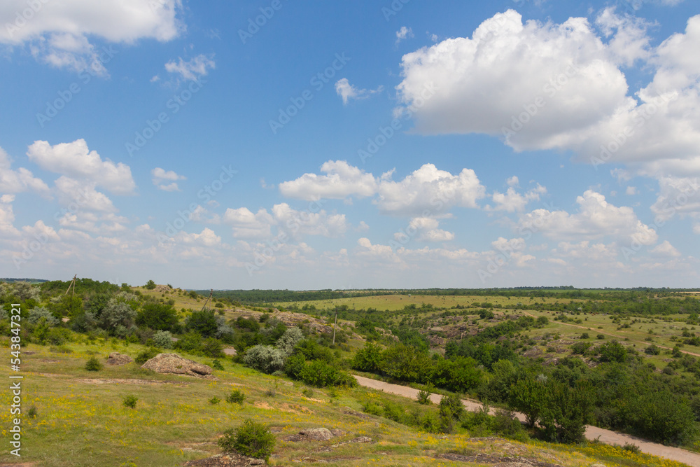 A view of the steppe near the Arbuzynsky Canyon near the Trykraty village, on the Arbuzynka river in the Voznesenskyi region of Mykolaiv Oblast of Ukraine