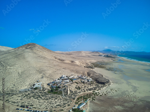 Aerial view of the Atlantic Ocean and the coastline in Sotavento beach Fuerteventura island drone photography