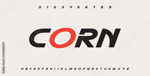 Modern tech font. Abstract geometric expanded sci-fi alphabet, clean monospaced letter set. Typography and technology vector illustration.