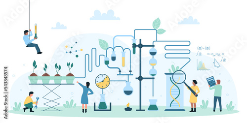 Biotechnology and science research in agriculture vector illustration. Cartoon tiny scientists grow plants using futuristic innovations and laboratory engineering, biochemistry scientific experiment © Flash concept