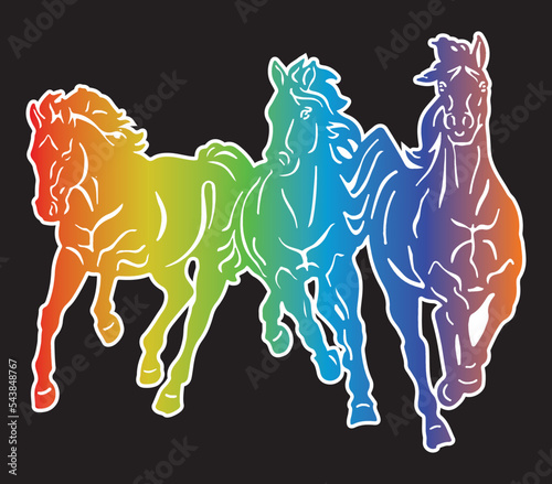 Digital drawing of three horses gradient rainbow colored isolated on black background