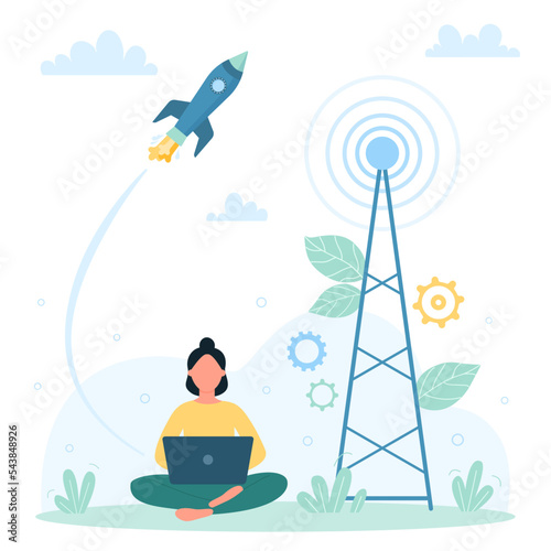 Fast speed internet connection vector illustration. Cartoon tiny woman working with laptop, using wireless broadband internet signal from city antenna of cellular network tower, rocket flying into sky