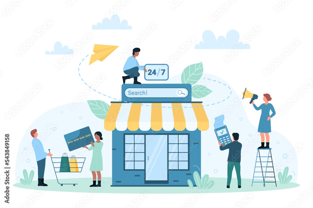 Online shop sales, ecommerce vector illustration. Cartoon tiny people order and buy with credit card, pay for purchases in mobile store app, customers search products in modern digital marketplace - obrazy, fototapety, plakaty 
