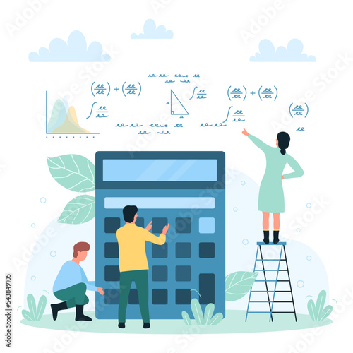 Math formulas and calculations, mathematics school or university lesson vector illustration. Cartoon tiny students study algebra, trigonometry and geometry, people using calculator for homework