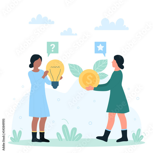 Money investment into intelectual ideas, cost of creative project vector illustration. Cartoon tiny people exchange bright light bulb on gold dollar coin, invest in innovation. Startup concept